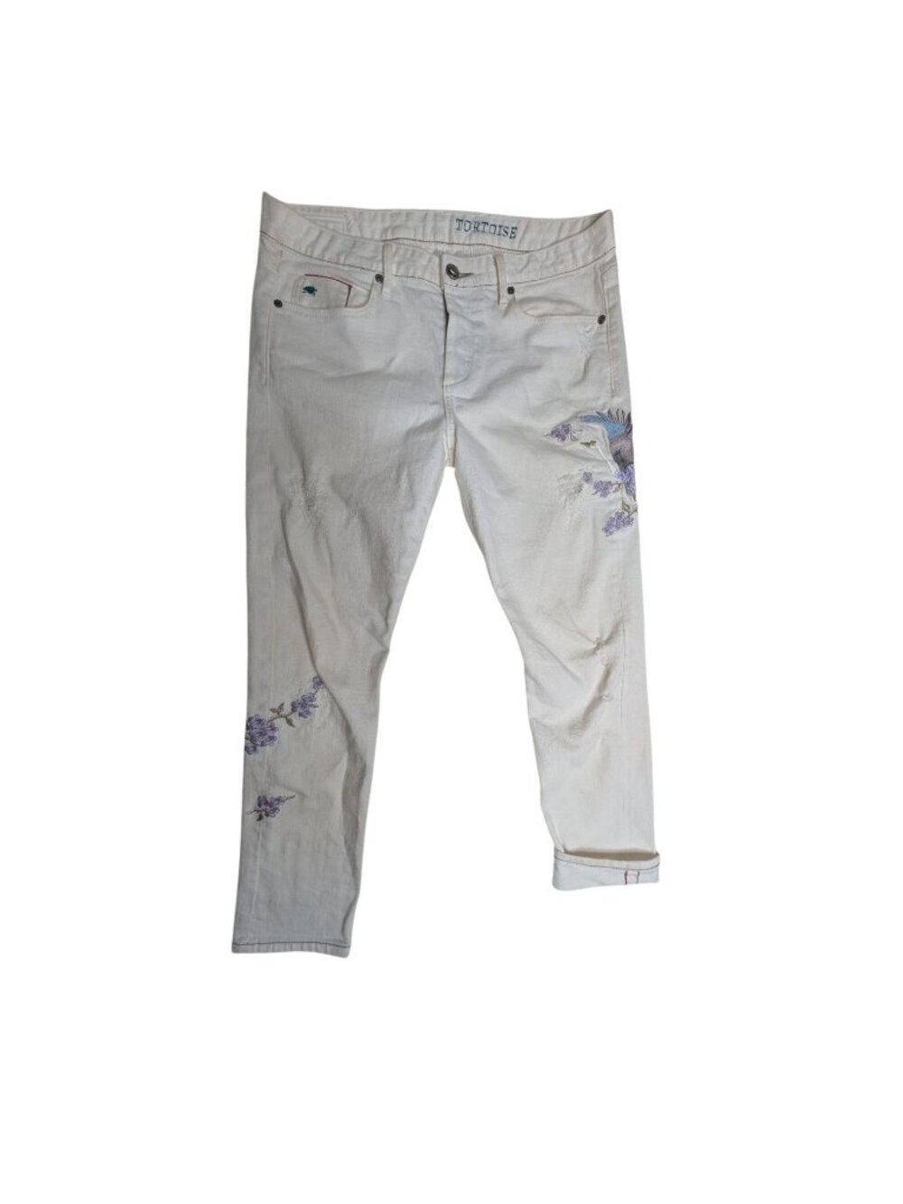 Tortoise White Selvedge Embroidered Bird Distressed Jeans Womens Y2K Grunge Butt